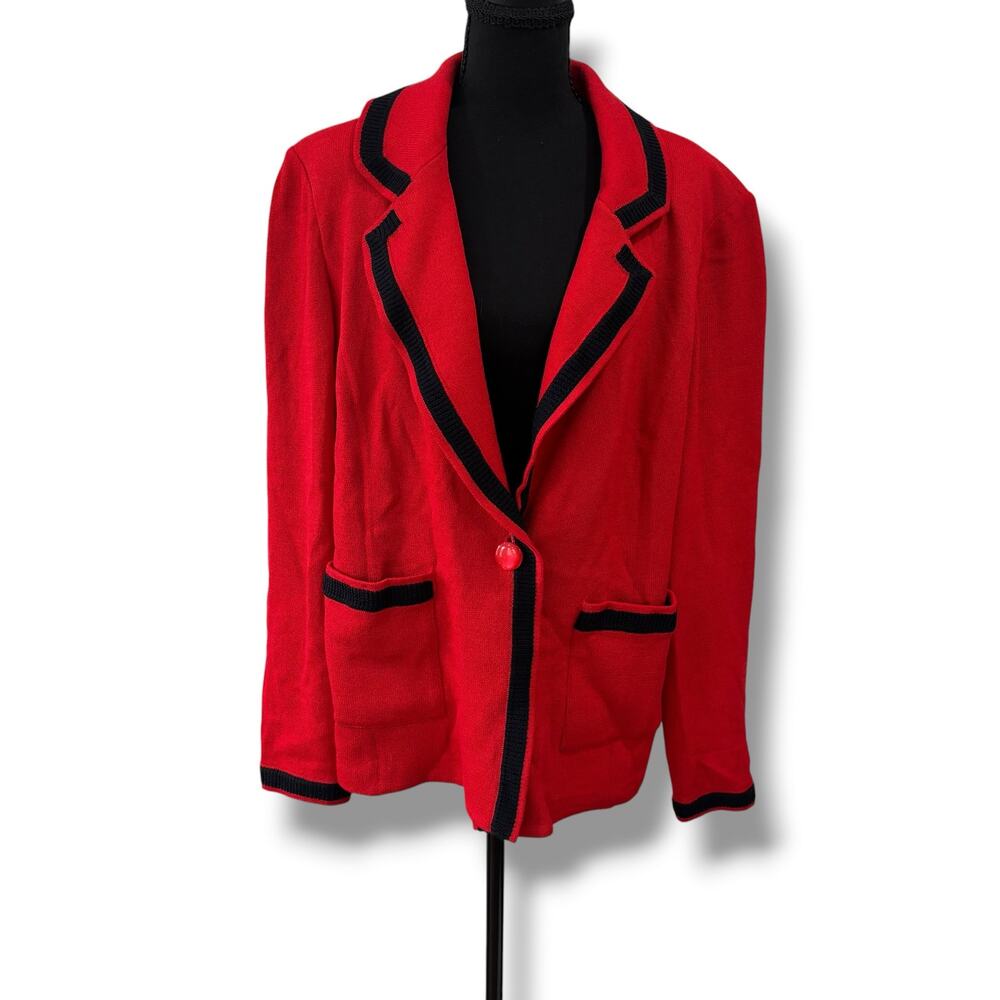 St John Red Black Wool Knit Blazer Jacket Classic Size 12 Designer Vintage
